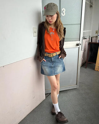 Hip flap pocket mini denim skirt