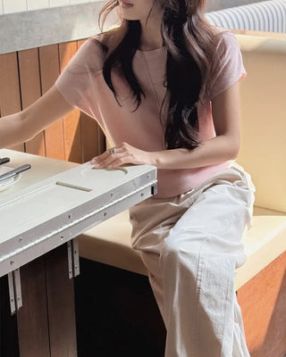 Fluffy short-sleeved summer knit with heart charm