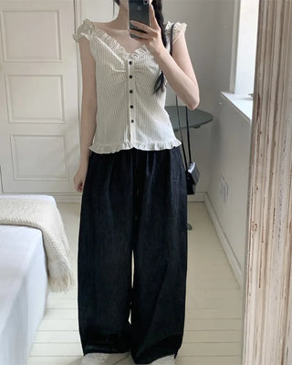 [2-way] Frill Stripe Border Blouse
