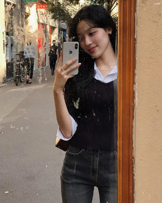 Extremely popular in Korea! Shirt-layered knit / 5 colors