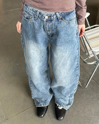 Two-button denim wide-leg pants