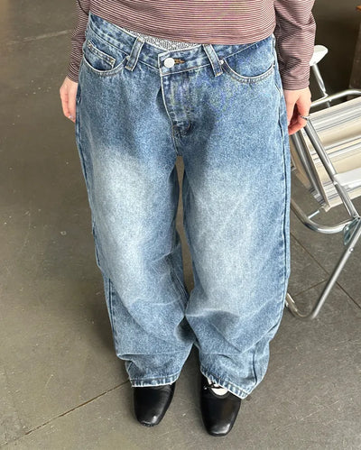 Two-button denim wide-leg pants