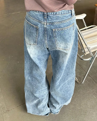 Two-button denim wide-leg pants