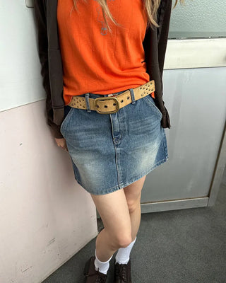 Hip flap pocket mini denim skirt