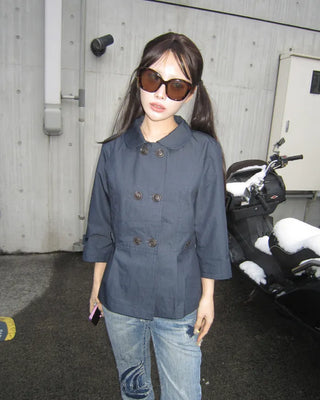 Round collar cropped sleeve double jacket