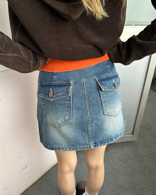 Hip flap pocket mini denim skirt