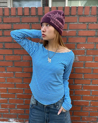Striped boat neck long-sleeved T-shirt