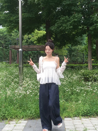 String Wide Summer Low Denim Pants