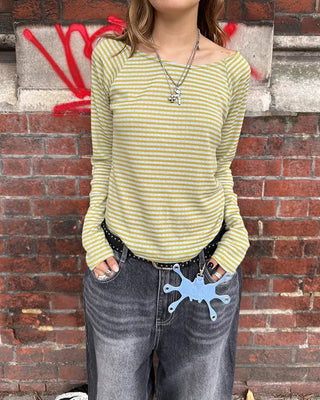 Striped boat neck long-sleeved T-shirt