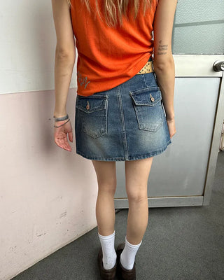 Hip flap pocket mini denim skirt
