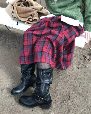 Elastic waist checkered long skirt