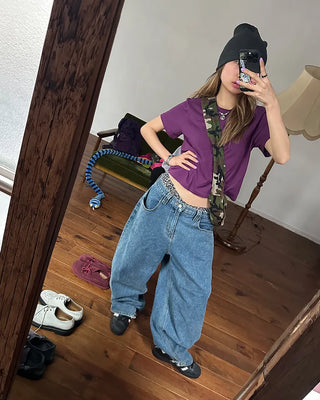 Shoulder seam semi-cropped half T-shirt