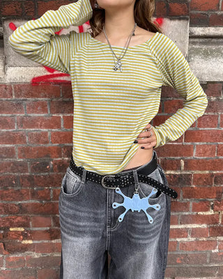 Striped boat neck long-sleeved T-shirt