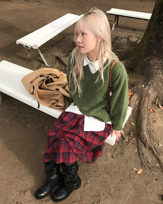 Elastic waist checkered long skirt