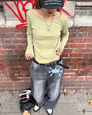Striped boat neck long-sleeved T-shirt