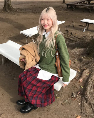 Elastic waist checkered long skirt