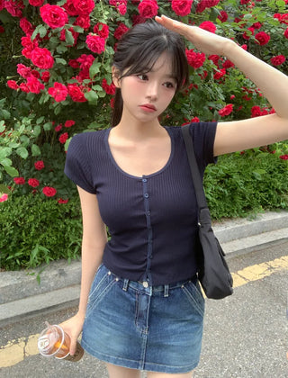 Slim ribbed short-sleeved cardigan (4 colors)