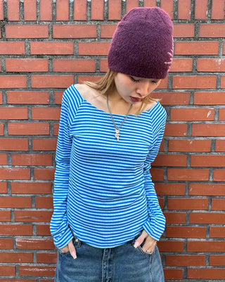 Striped boat neck long-sleeved T-shirt