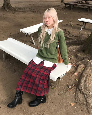 Elastic waist checkered long skirt