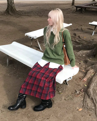 Elastic waist checkered long skirt