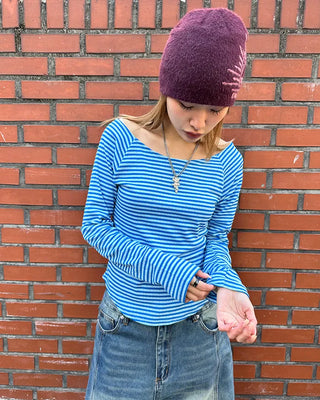 Striped boat neck long-sleeved T-shirt