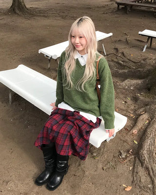 Elastic waist checkered long skirt