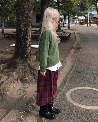 Elastic waist checkered long skirt