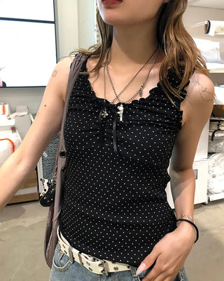 Pindot Ribbon Gathered Elastic Tank Top