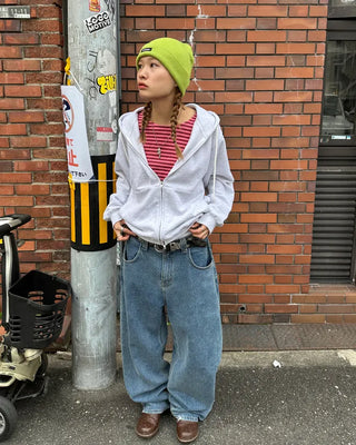 Oblong neck round hem border ribbed long T-shirt