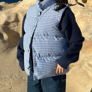 Blue tartan check padded vest jacket