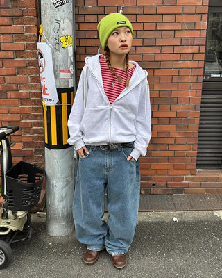 Oblong neck round hem border ribbed long T-shirt