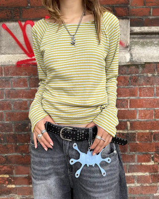 Striped boat neck long-sleeved T-shirt