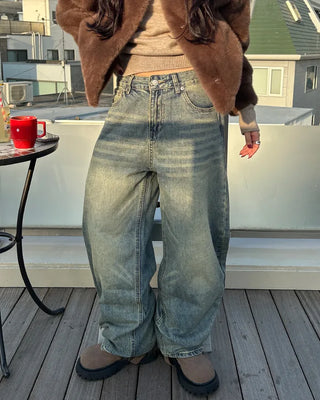 Whisker Wash Point Wide Denim Pants