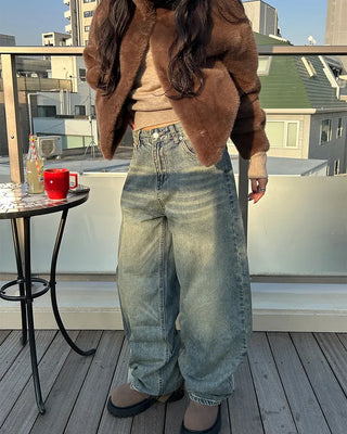 Whisker Wash Point Wide Denim Pants