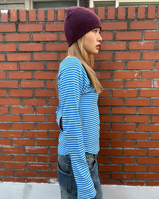 Striped boat neck long-sleeved T-shirt