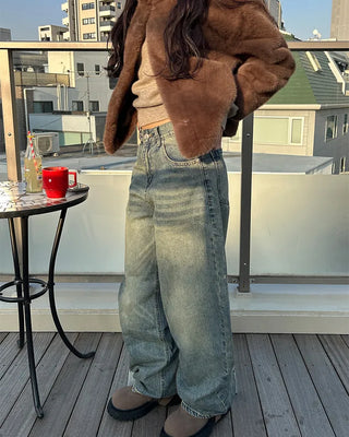 Whisker Wash Point Wide Denim Pants