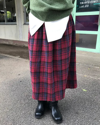 Elastic waist checkered long skirt