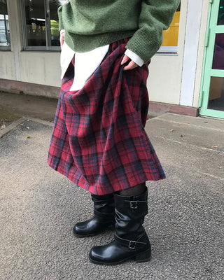 Elastic waist checkered long skirt