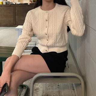 Gold heart button cable cardigan