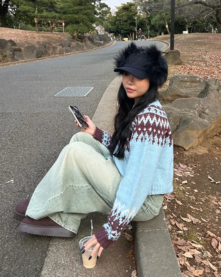Fair Isle Cropped Knit Cardigan