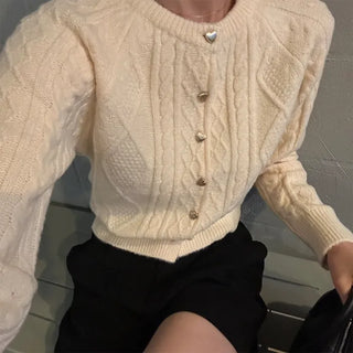 Gold heart button cable cardigan