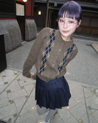 Colorful Argyle Knit Cardigan