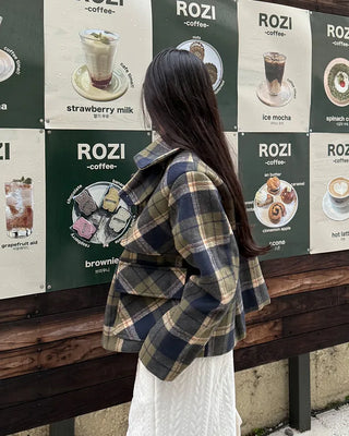 Checked short duffel coat