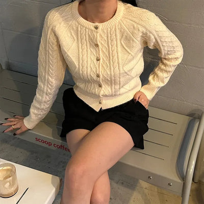Gold heart button cable cardigan