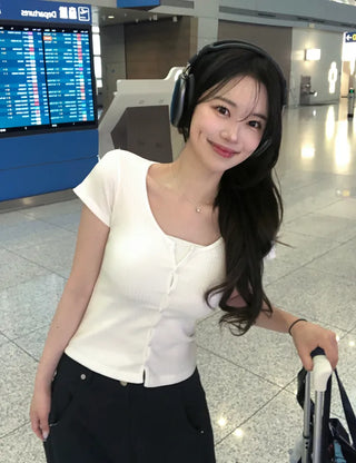 Slim ribbed short-sleeved cardigan (4 colors)