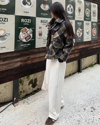 Checked short duffel coat