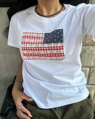 Gingham Lace American Semi-Cropped Half T-Shirt