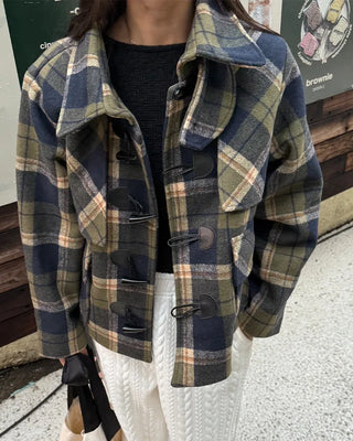 Checked short duffel coat