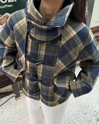 Checked short duffel coat
