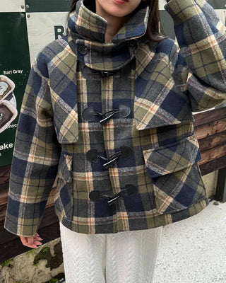 Checked short duffel coat